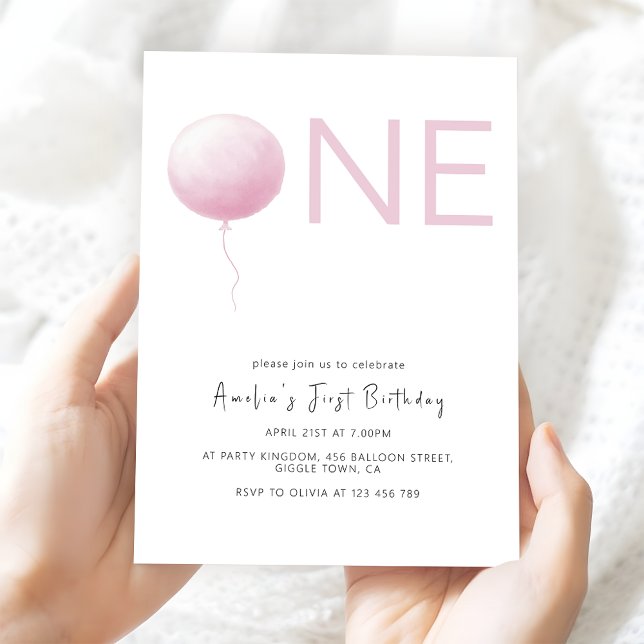 Invitación Modern Blush Pink Balloon Girl First Birthday (Subido por el creador)