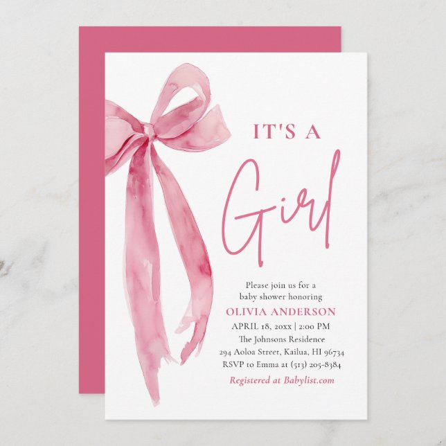 Invitación Modern Blush Pink Bow It's a Girl Baby Shower (Anverso / Reverso)