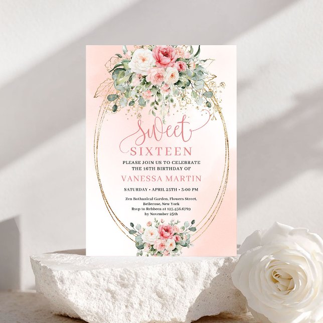 Invitación Modern Blush Rose Gold Floral Sweet Sixteen Card (Modern Blush Rose Gold Floral Sweet Sixteen Card)