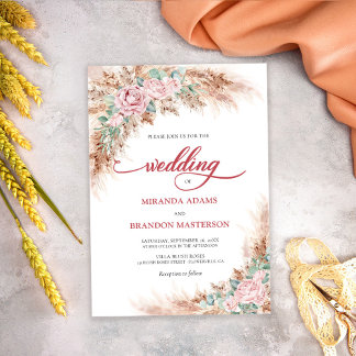 Invitación Modern Blush Roses Pampas Grass Floral Wedding