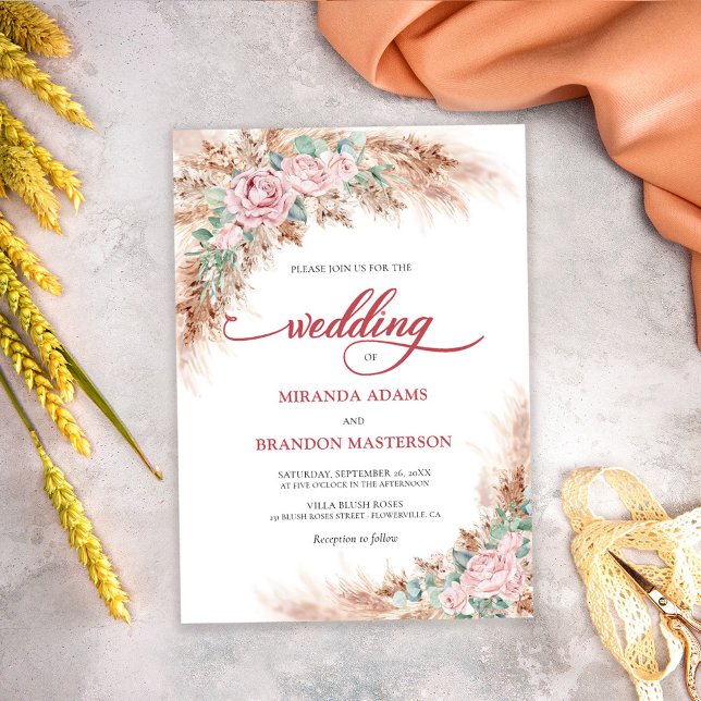 Invitación Modern Blush Roses Pampas Grass Floral Wedding (Subido por el creador)