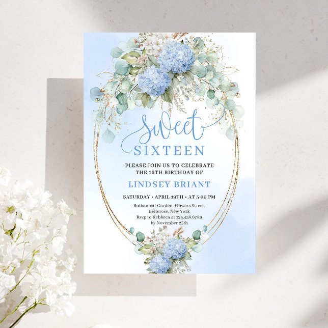 Invitación Modern Bohemian Blue Floral Gold Sweet 16 Birthday (Modern Bohemian Blue Floral Sweet 16 Birthday Invite)