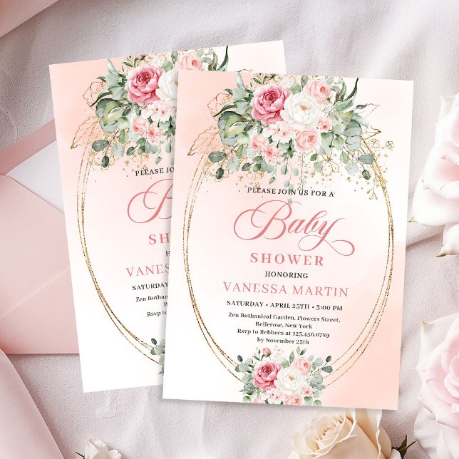 Invitación Modern Bohemian Blush Floral Gold Baby Shower (Modern Bohemian Blush Floral Gold Baby Shower Invitation)