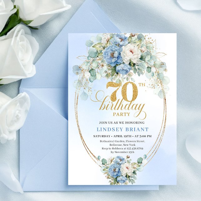 Invitación Modern Bohemian Dusty Blue Peonies 70th Birthday (Modern Bohemian Dusty Blue Peonies 70th Birthday)