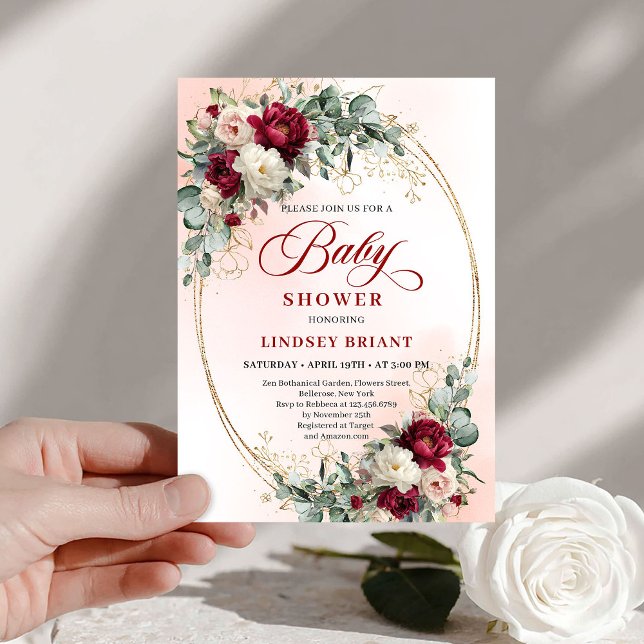 Invitación Modern Boho Burgundy and Gold Baby Shower Invite (Modern Boho Burgundy and Gold Baby Shower Invite)
