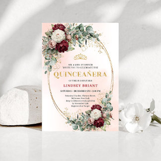 Invitación Modern Boho Burgundy Floral Quinceañera Invitation