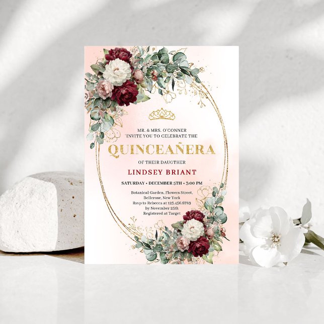 Invitación Modern Boho Burgundy Floral Quinceañera Invitation (Modern Boho Burgundy Floral Quinceañera Invitation)