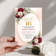 Modern Boho Burgundy Gold Floral 16th Birthday