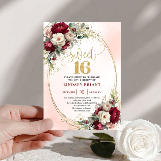 Invitación Modern Boho Burgundy Gold Floral 16th Birthday   (Modern Boho Burgundy Gold Floral 16th Birthday Invite)