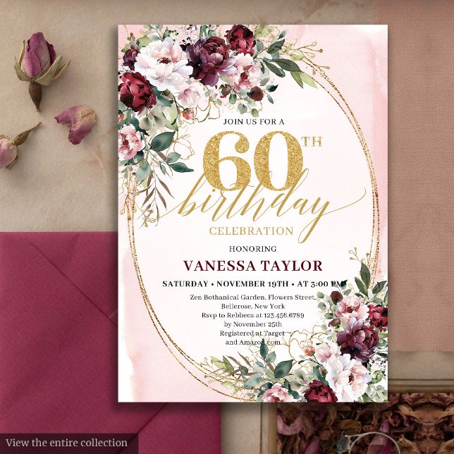 Invitación Modern Boho Burgundy Roses 60th Birthday Invite (Modern Boho Burgundy Roses 60th Birthday Invite)
