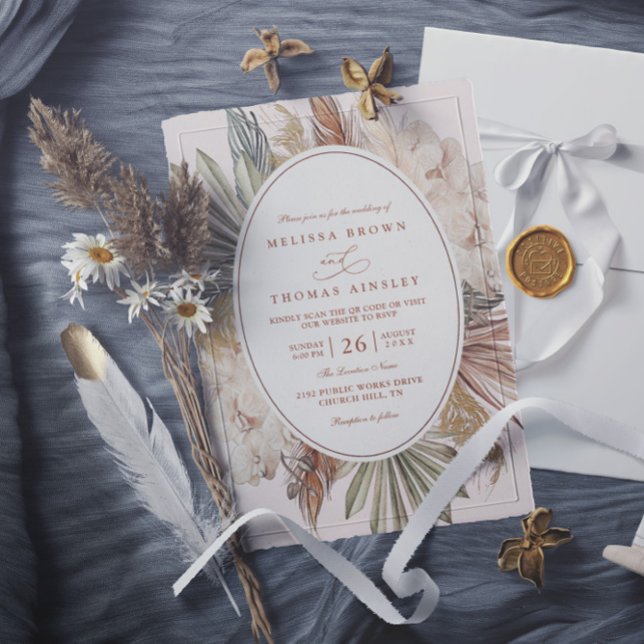 Invitación modern boho greenery pampas grass qr code wedding (Subido por el creador)