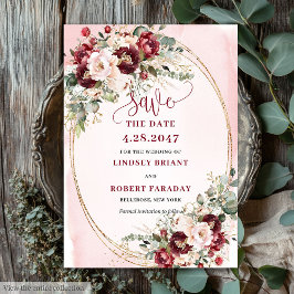 Invitación Modern Boho Merlot Blush Gold Floral Save Date