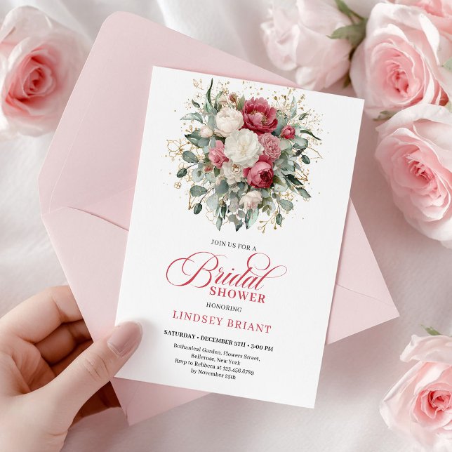 Invitación Modern Boho Red Blush Greenery Gold Bridal Shower (Modern Boho Red Blush Greenery Bridal Shower Invite

)