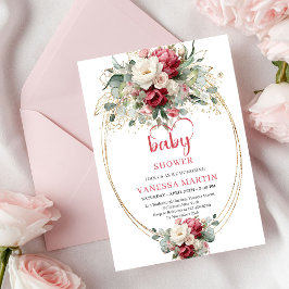 Invitación Modern Boho Red Pink Gold Floral Baby Invitation 