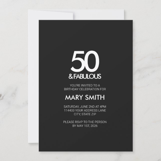Invitación Modern Bold Black Fifty and Fabulous 50th Birthday (Anverso)