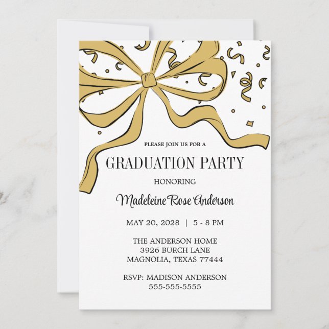 Invitación Modern Bow Gold Graduation (Anverso)
