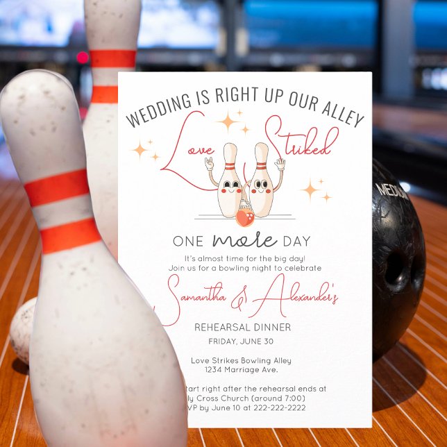 Invitación Modern Bowling Alley Engagement Rehearsal Dinner (Modern Bowling Alley Engagement Rehearsal Dinner Invite Wedding is Right Up Our Alley Love Strike)