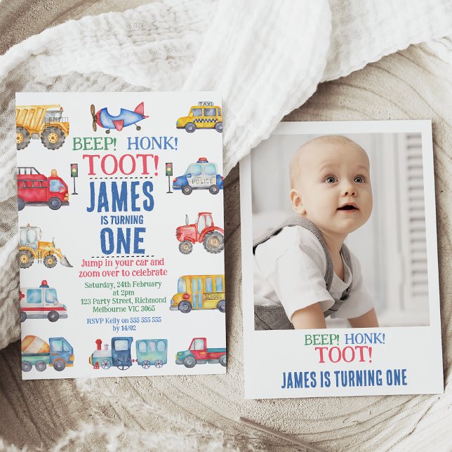 Invitación Modern Boys Photo Transport 1er cumpleaños (Cute modern transport themed boys 1st birthday invitation with various vehicles and photo on back.)