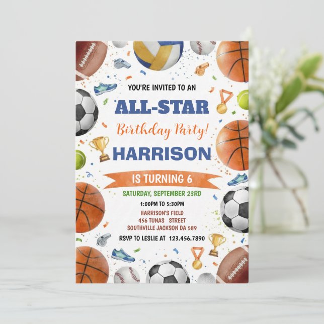 Invitación Modern Boys Sports Balls All Star Kids Birthday (Anverso de pie)