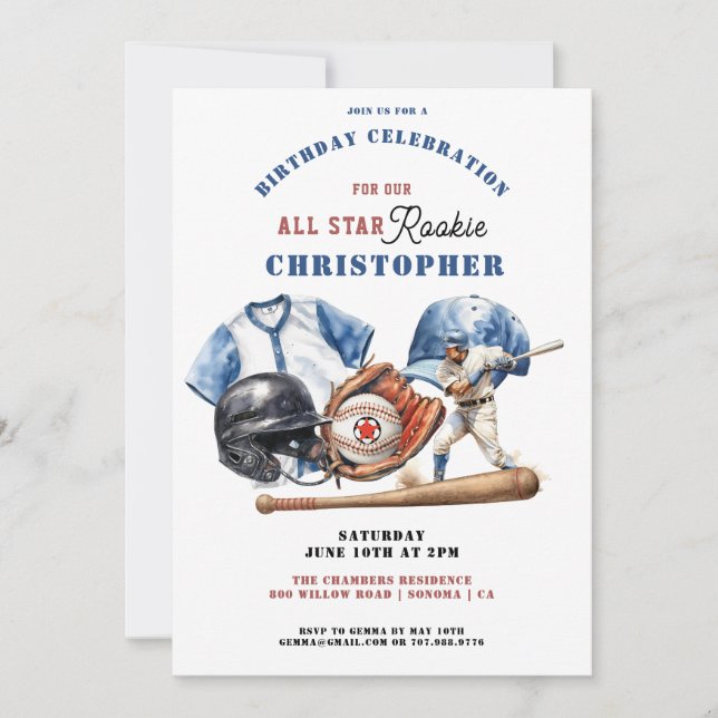 Invitación Modern Boys Sports Béisbol Stadium Birthday Party (Anverso)
