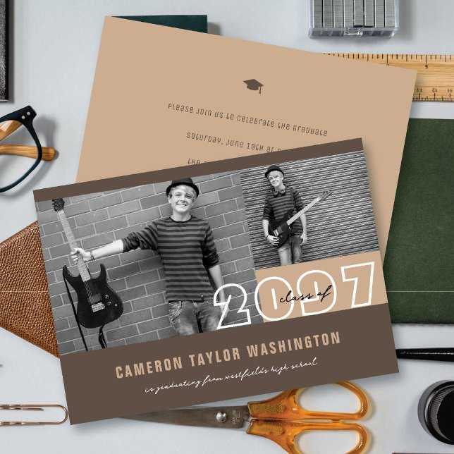 Invitación Modern Brown 2 Bloque de fotos Fiesta de Graduació (Modern Brown 2 Photo Blocks Simple Graduation Announcement & Party Invitation @ fatfatin)