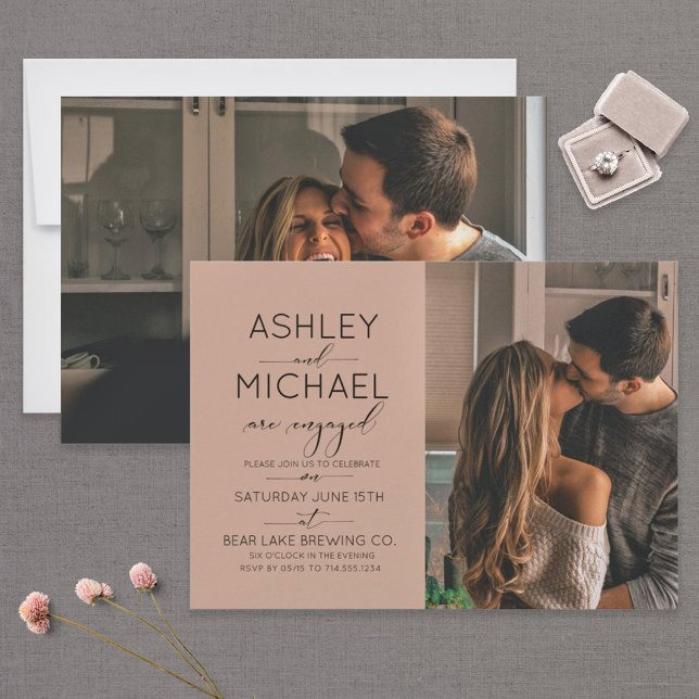 Invitación Modern Brown Calligraphy 2 Photo Engagement Party (Subido por el creador)