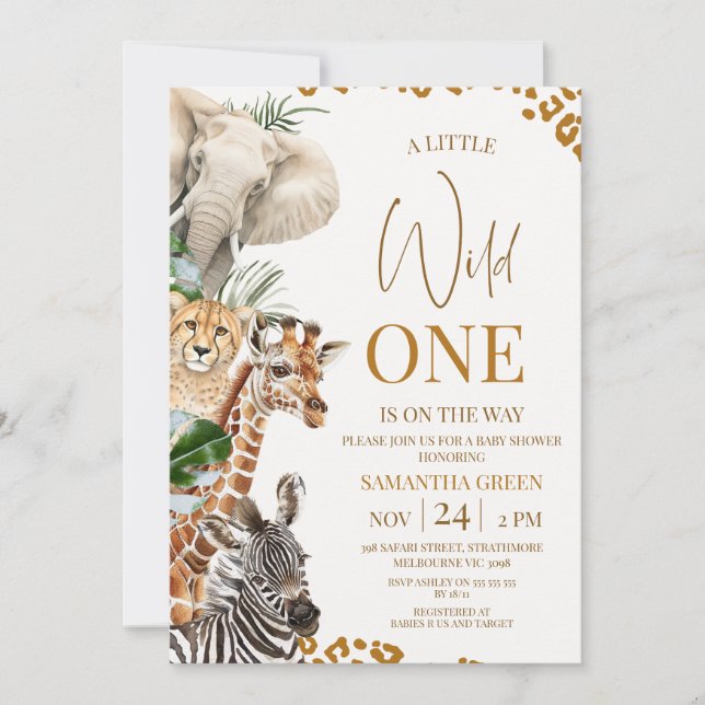 Invitación Modern Brown Cheetah Safari Wild One Baby Shower (Anverso)
