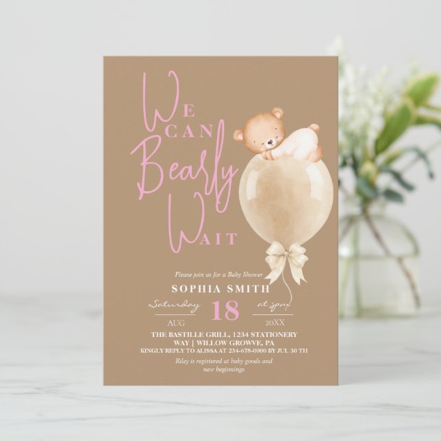 Invitación  Modern Brown Pink Bear Balloon Baby Shower (Anverso de pie)