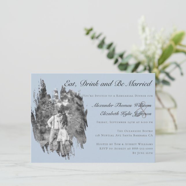 Invitación Modern Brushstroke Photo Blue Rehearsal Dinner  (Anverso de pie)