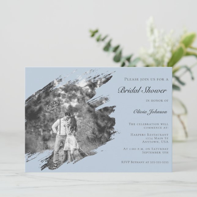Invitación Modern Brushstroke Photo Bridal Shower Blue (Anverso de pie)