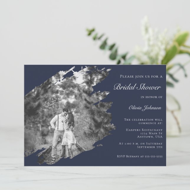 Invitación Modern Brushstroke Photo Bridal Shower Navy Blue (Anverso de pie)
