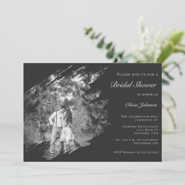 Invitación Modern Brushstroke Photo Bridal Shower Soft Black (Anverso de pie)