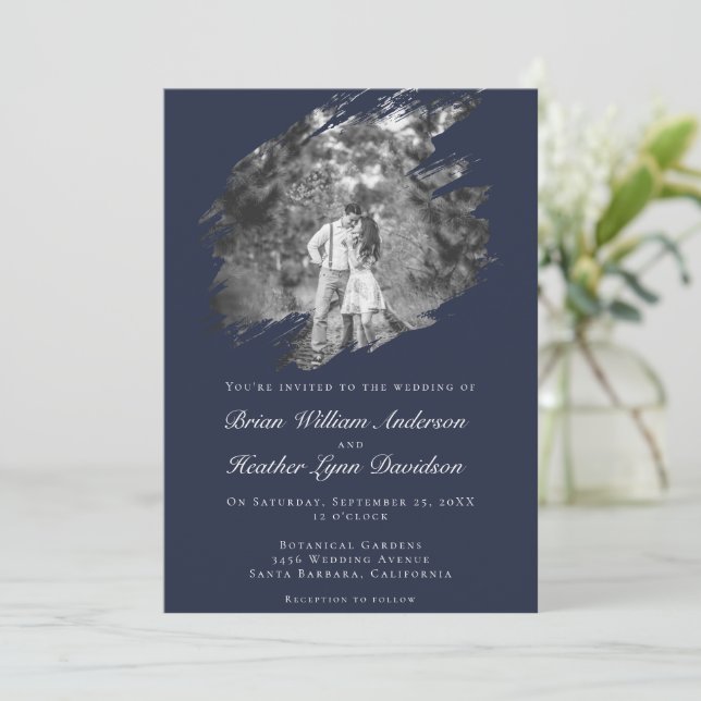 Invitación Modern Brushstroke Photo Wedding | Navy Blue (Anverso de pie)