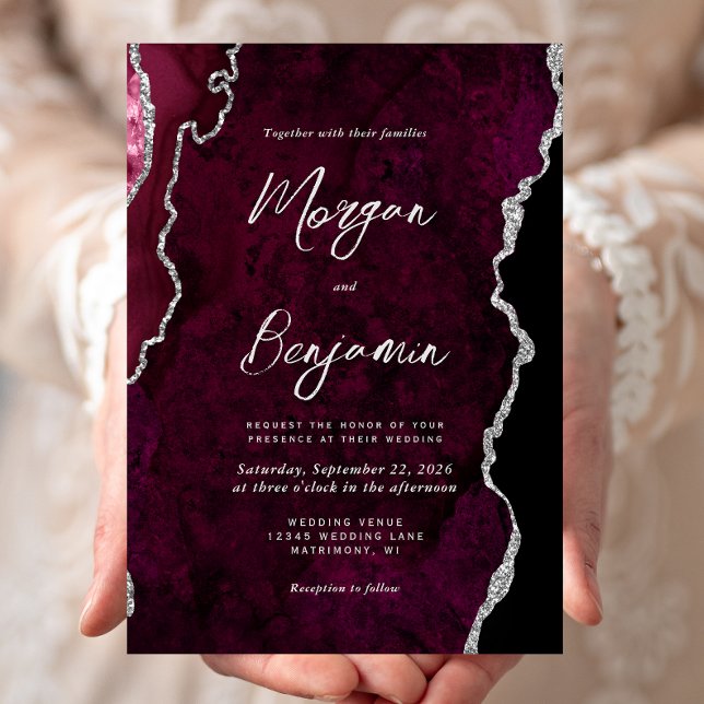 Invitación Modern Burgundy Agate Silver Script Wedding (Subido por el creador)