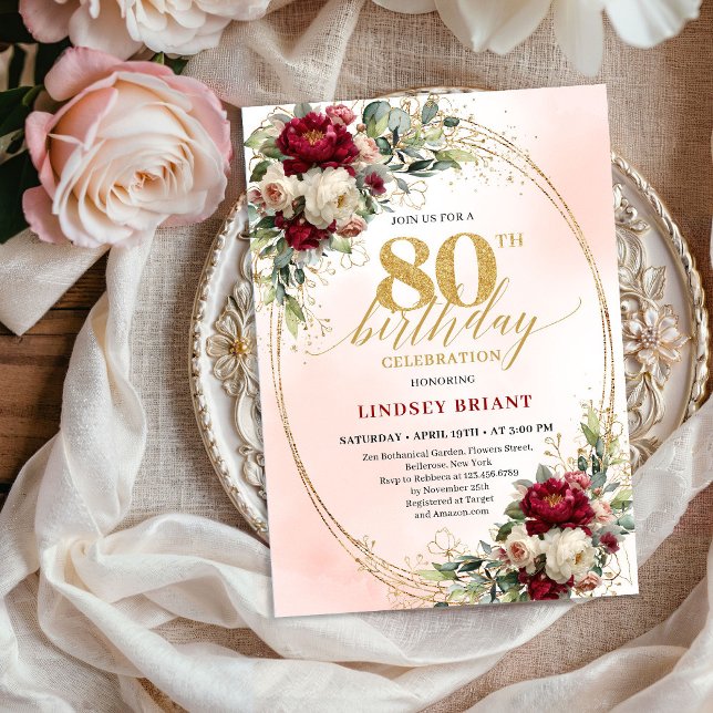 Invitación Modern Burgundy Blush Floral 80th Birthday Invite (Modern Burgundy Blush Floral 80th Birthday Invite)