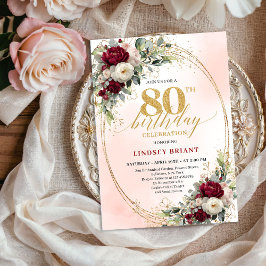 Invitación Modern Burgundy Boho Flowers 80th Birthday Invite