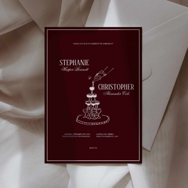 Invitación Modern Burgundy Champagne Tower Wedding Invitation (deep red cherry vintage old money wedding invitation, burgundy illustrated wedding invite card )