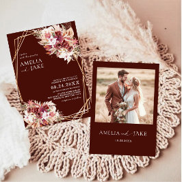Invitación Modern Burgundy Floral Gold Geometric Wedding