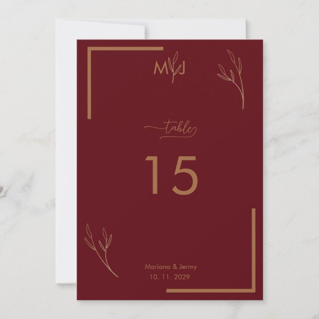 Invitación Modern Burgundy Golden Border Wedding Table Number (Anverso)