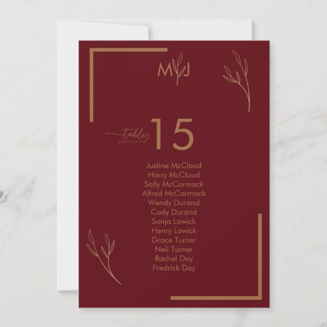 Invitación Modern Burgundy Guests Seating List Table Number (Anverso)