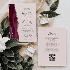 Invitación Modern Burgundy Silver Agate Blush QR Code Wedding