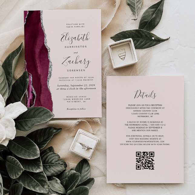 Invitación Modern Burgundy Silver Agate Blush QR Code Wedding (Subido por el creador)