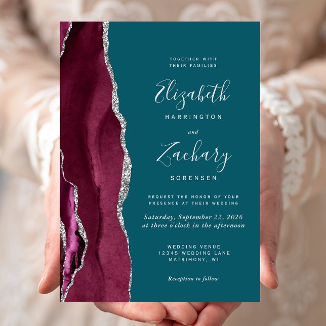 Invitación Modern Burgundy Silver Agate Teal Blue Wedding (Subido por el creador)