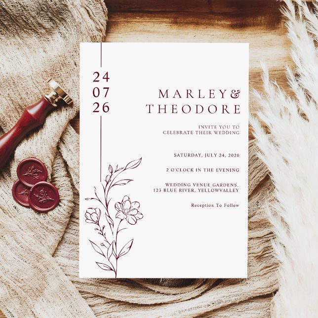 Invitación Modern Burgundy Typography Floral Line Art Wedding (Subido por el creador)
