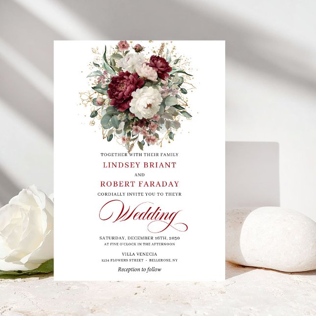 Invitación Modern Burgundy White Gold Floral Wedding Invite (Modern Burgundy White Gold Floral Wedding Invite)