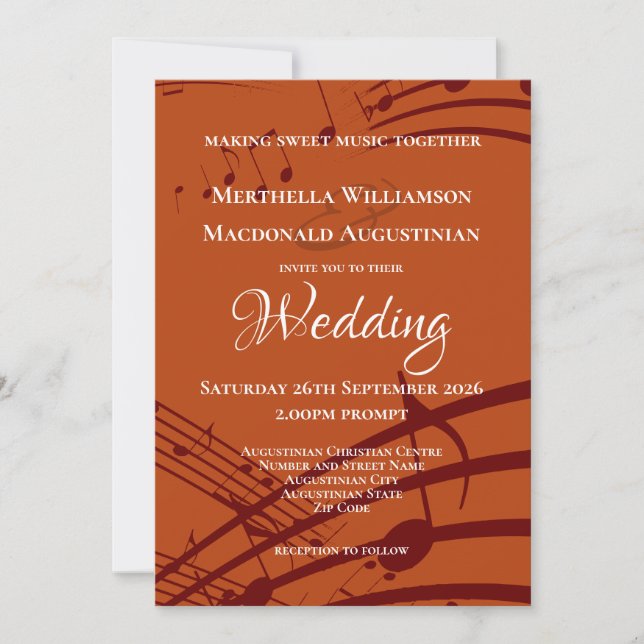 Invitación Modern Burnt Naranja Music Notes Boda (Anverso)