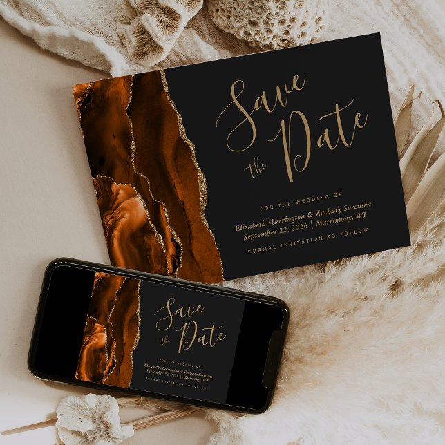 Invitación Modern Burnt Orange Gold Agate Dark Save the Date (Subido por el creador)