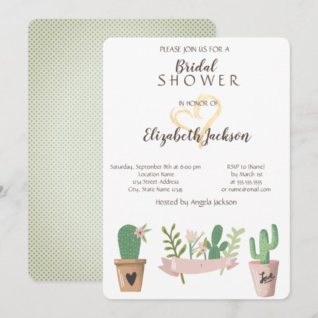 Invitación Modern Cactus Flower Gold Heart Bridal Shower (Anverso / Reverso)