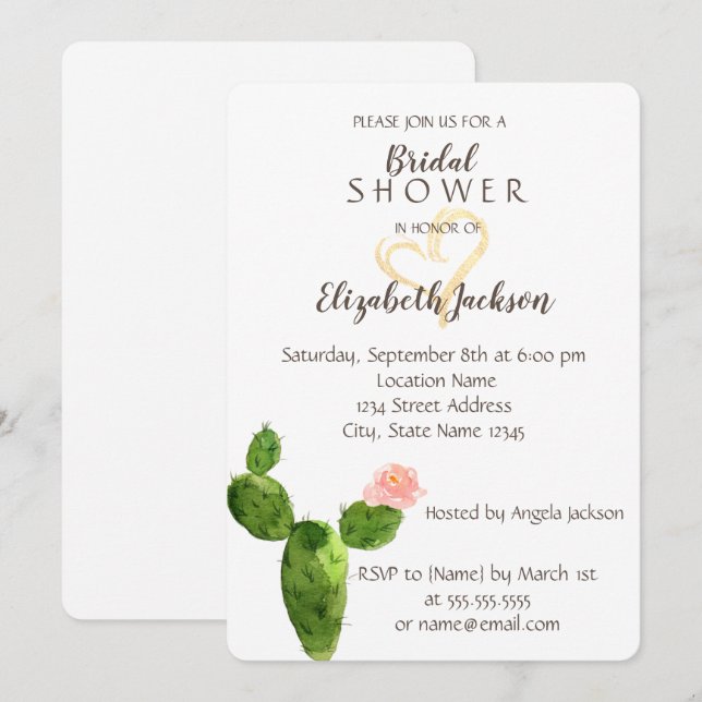 Invitación Modern Cactus Gold Purpurina Heart Bridal Shower (Anverso / Reverso)