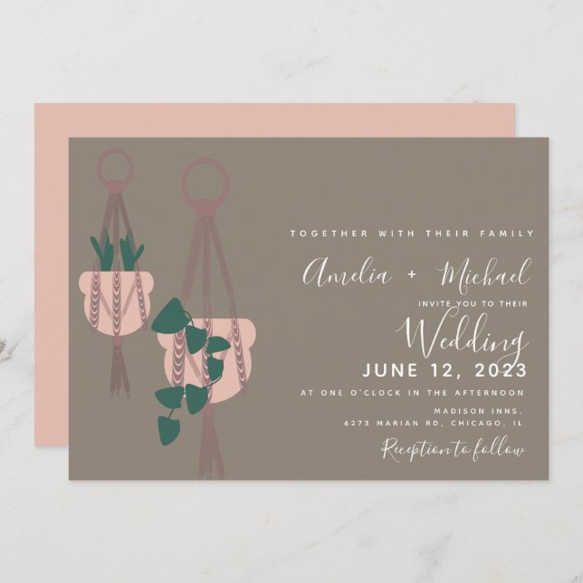 Invitación Modern Cactus Plants Macrame Boda Botánico (Anverso / Reverso)
